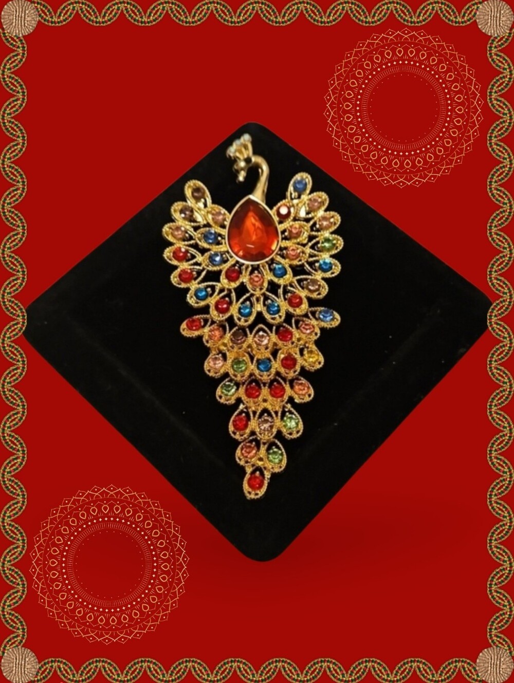 Gold Tone Peacock Brooch with Multicolor Acrylic Rhinestones - Women's Jewelry